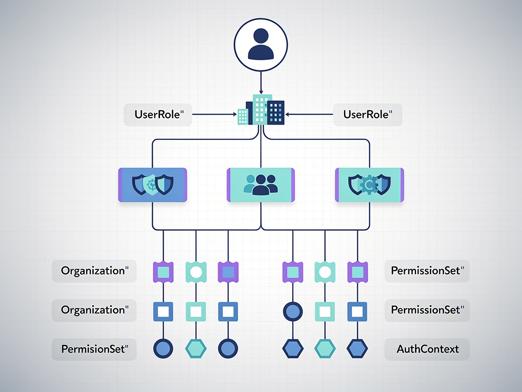 Hierarchical diagram showing user authentication flow with type annotations, displaying user entity connecting to organization membership, roles, and permissions, illustrated with clean icons and type definition boxes in an infographic style
