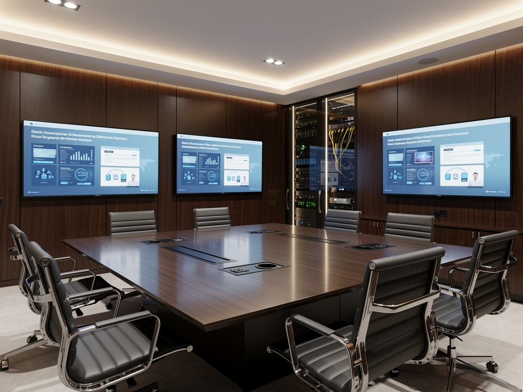 A completed hybrid AV installation in an executive briefing center, showing seamless integration of multiple display technologies, elegant furniture and finishes, professional lighting design, representing the successful culmination of thoughtful AV planning