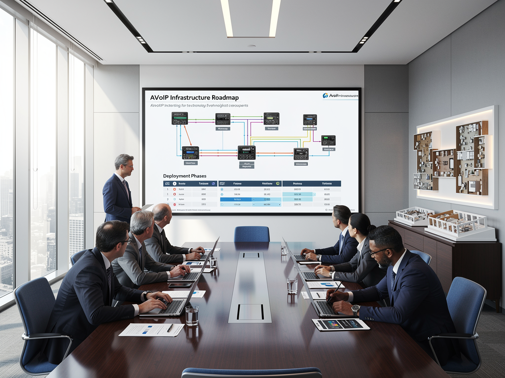 A technology planning meeting in a modern boardroom with executives and technical staff reviewing roadmap presentations on a large display, architectural models of future office spaces visible, professional business attire, bright natural lighting through floor-to-ceiling windows