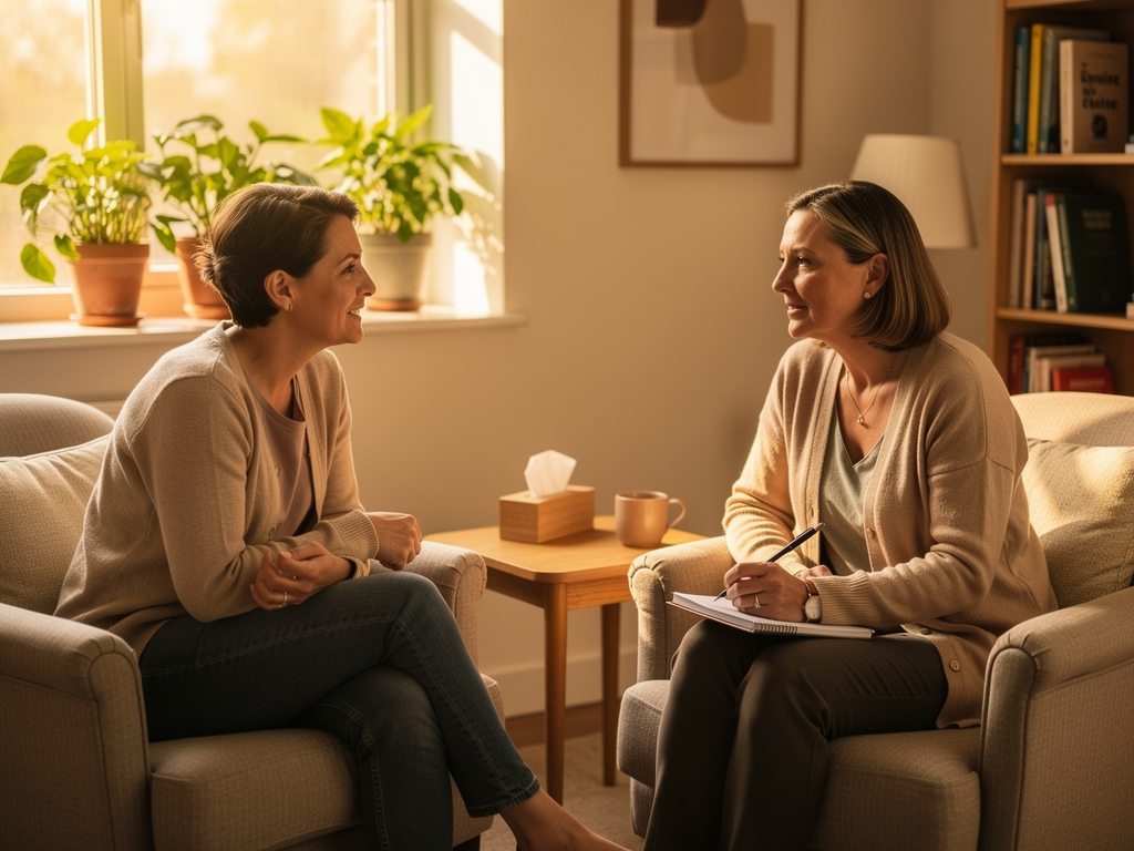 Two people sitting in comfortable chairs facing each other in a warmly lit therapy room, plants visible near the window, conveying a safe, professional, and supportive therapeutic environment