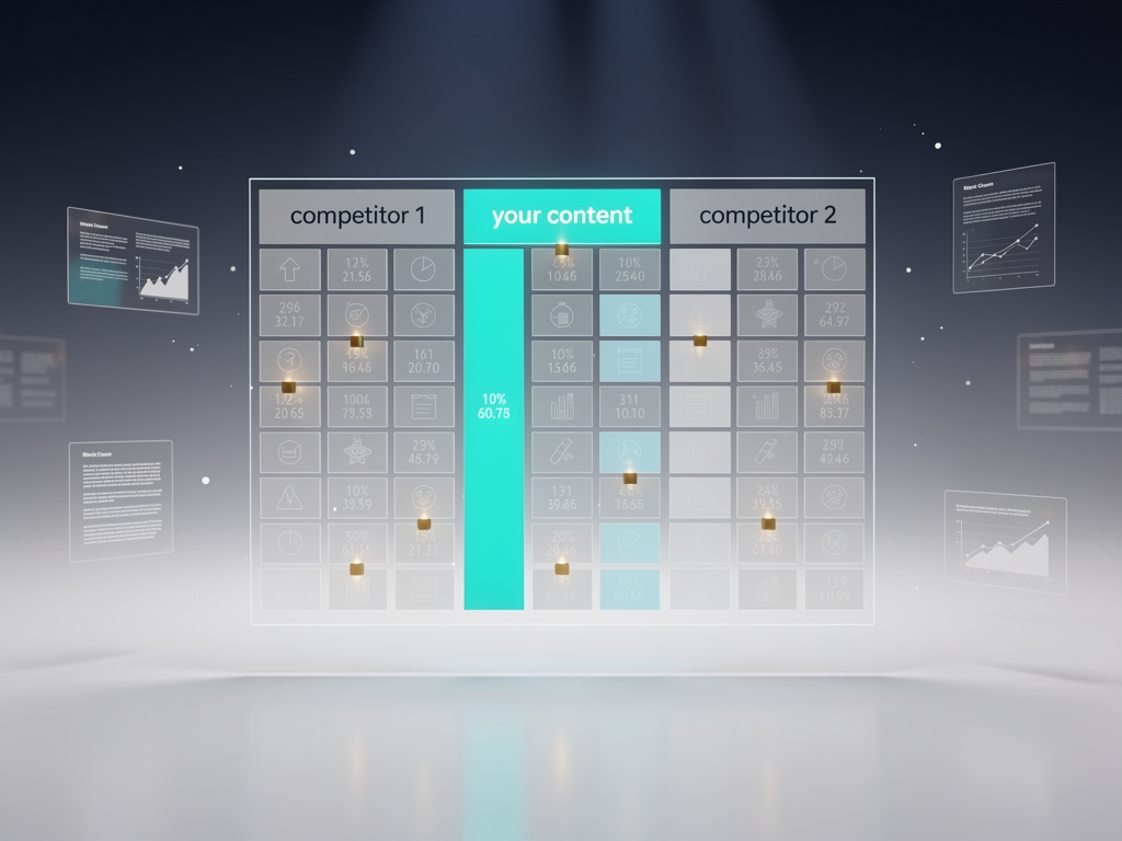 A competitive content analysis matrix showing your content versus three competitors across dimensions including word count, topic coverage, original data, multimedia elements, expert citations, and user engagement metrics, with gap indicators highlighting opportunities for differentiation