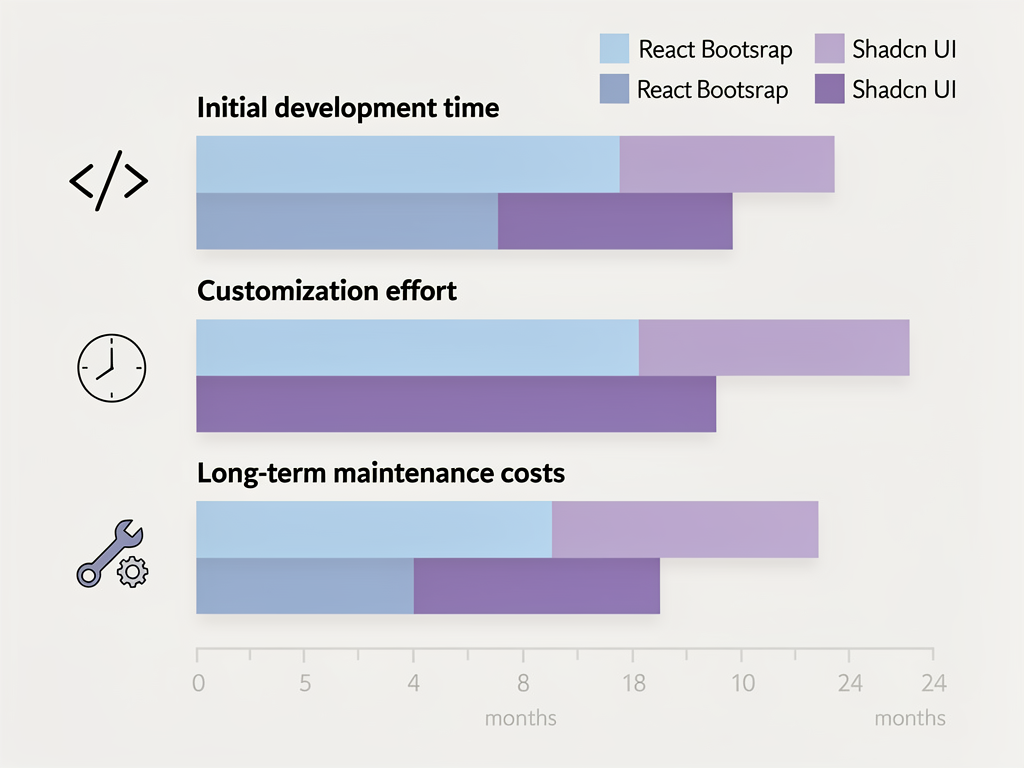 Cost comparison chart showing initial development time, customization effort, and long-term maintenance costs for both libraries over a 24-month timeline, using bar chart visualization with clear legends and professional color scheme