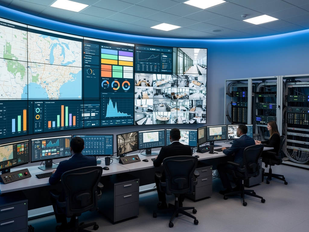 A modern emergency operations center with multiple large video walls displaying real-time data feeds, operators seated at workstations with dual monitors, blue ambient lighting creating a focused atmosphere, wide-angle view showing the scale of the networked AV infrastructure