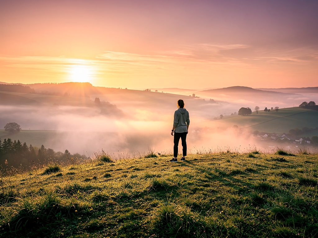 A sunrise viewed from a hilltop, warm orange and pink light spreading across a valley below, a single figure standing peacefully watching the new day begin, symbolising hope and new beginnings