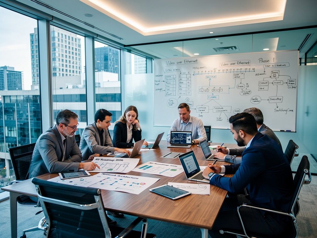 A technology planning session in a glass-walled conference room with AV consultants and IT professionals reviewing roadmap documents, whiteboards showing timeline diagrams, collaborative atmosphere, modern corporate setting with city views through windows