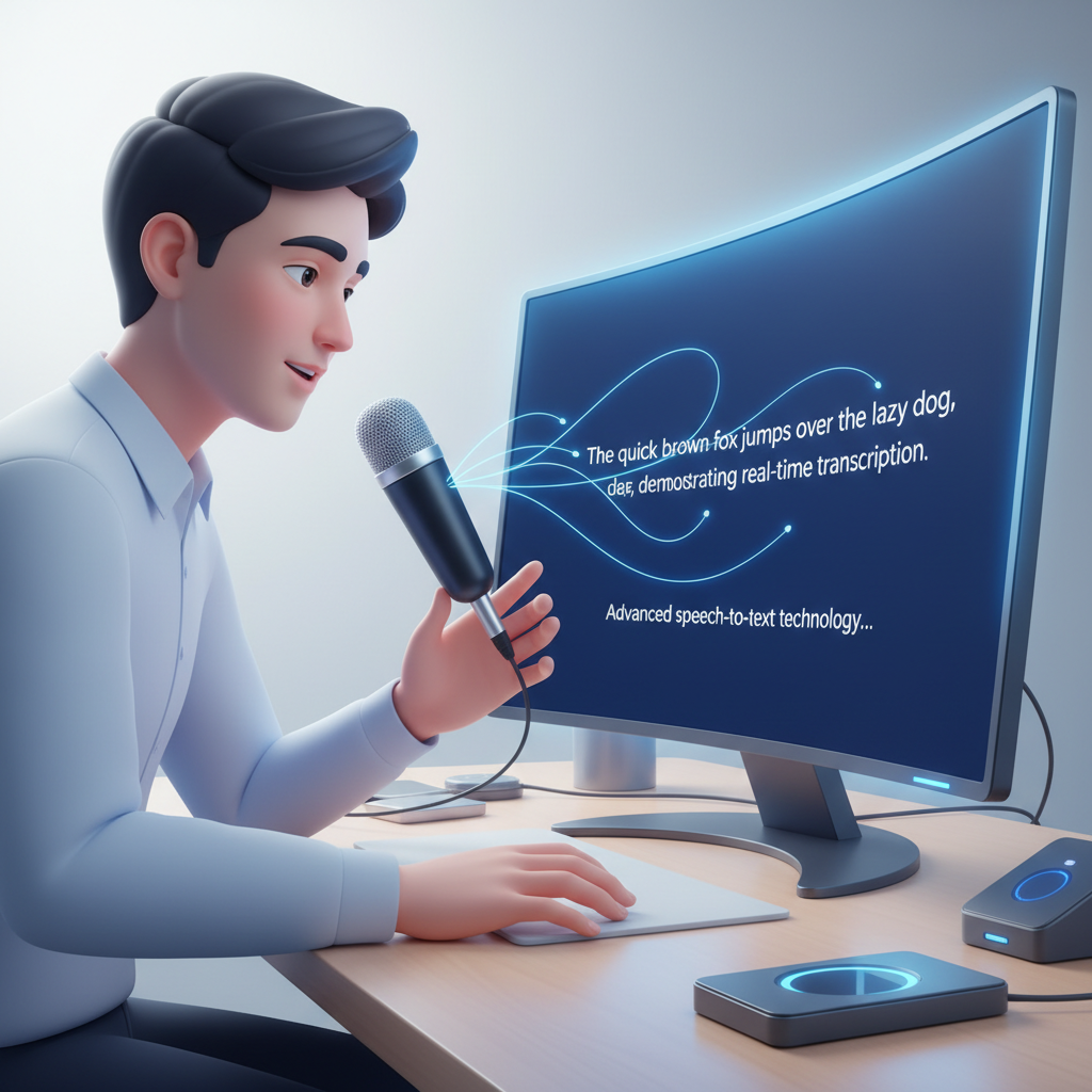 A person speaking into a microphone while looking at a computer screen, with text appearing on the screen in real-time as they dictate.
