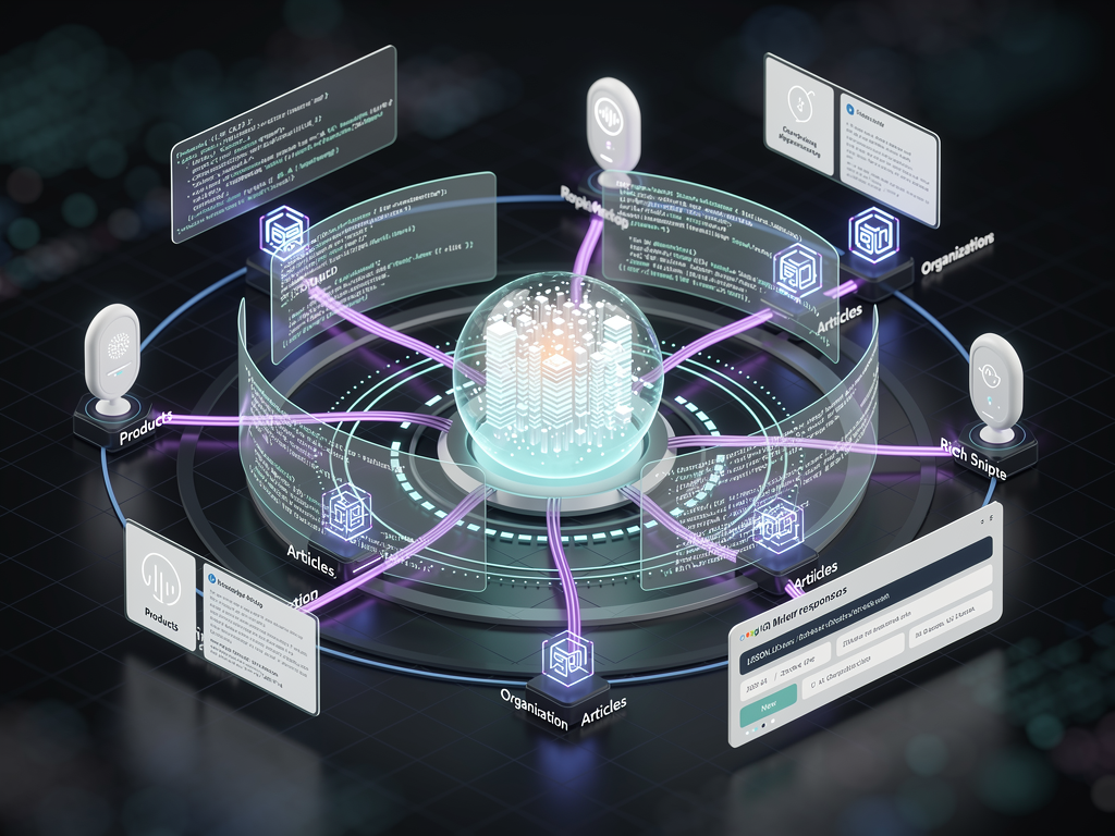 A futuristic visualization of AI-powered search interfaces including voice assistants, knowledge panels, and generative AI responses, all connected by structured data flows represented as glowing data streams, modern tech aesthetic with purple and blue tones