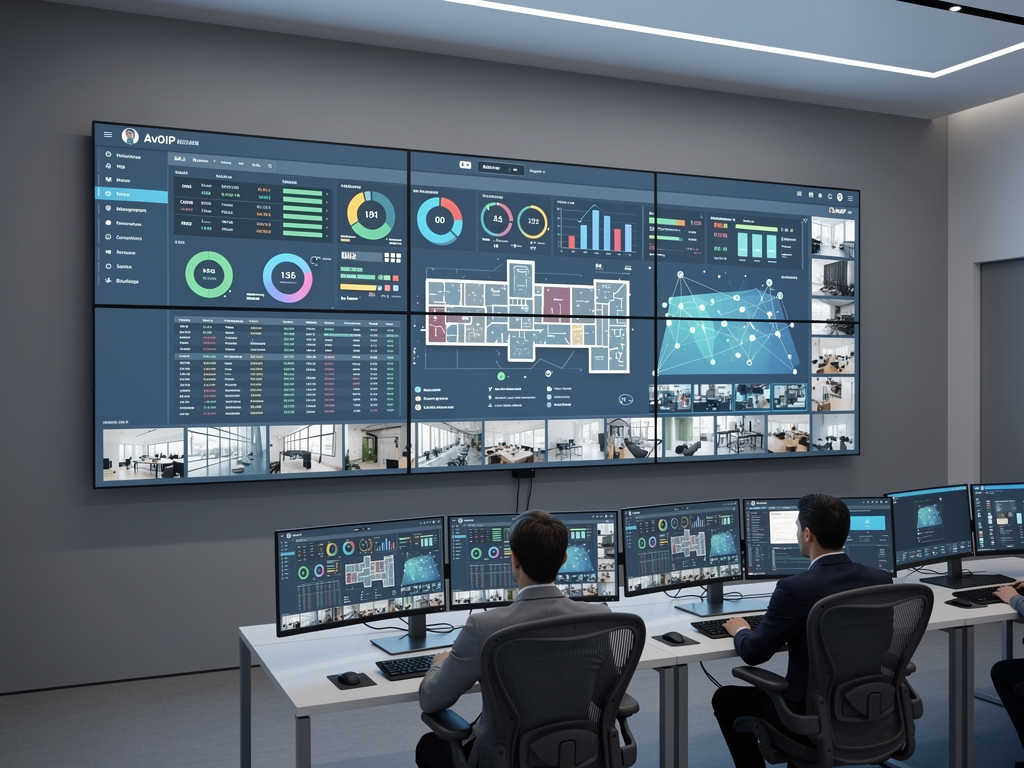 Modern corporate control room featuring multiple displays showing building management dashboards and AVoIP video feeds, with operators monitoring systems at workstations under soft ambient lighting, demonstrating integrated facility management technology