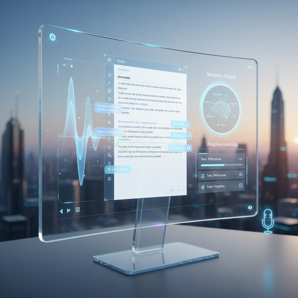 A futuristic, sleek Windows desktop interface showcasing advanced AI writing features like real-time semantic analysis and adaptive learning modules, indicating future trends