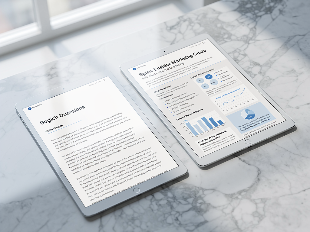 Side-by-side comparison of a 500-word thin blog post and a 5,000-word comprehensive guide displayed on tablet screens, showing the difference in heading structure, content depth, and visual elements between shallow and thorough content approaches