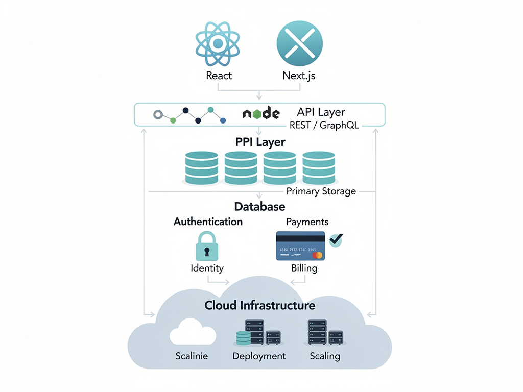 Technology stack diagram showing the layers of a modern SaaS application built with Next.js, including frontend components, API layer, database, authentication, payments, and deployment infrastructure, styled as a clean architectural infographic with icons for each technology