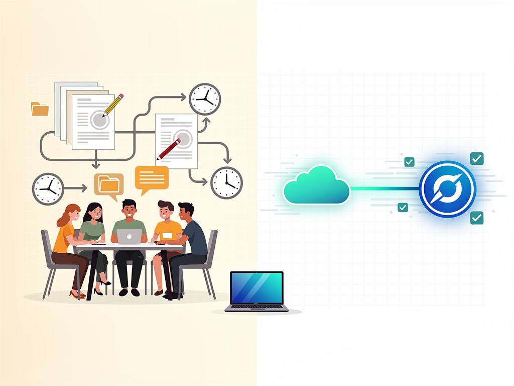 A split-screen comparison showing a traditional content creation workflow with multiple team members, meetings, and revision cycles on the left, versus a streamlined AI-powered workflow with automated generation and one-click publishing on the right, illustrated in a clean, modern infographic style