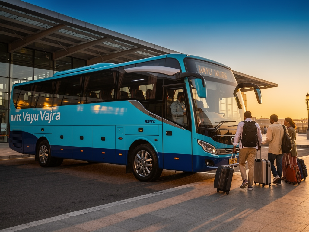 A BMTC Vayu Vajra Volvo airport coach with bright cyan-blue body and dark blue lower panels waiting at a modern bus terminal during early morning hours, with soft golden sunrise light reflecting off the large black-tinted windows and silver multi-spoke wheels, passengers with luggage approaching the front door