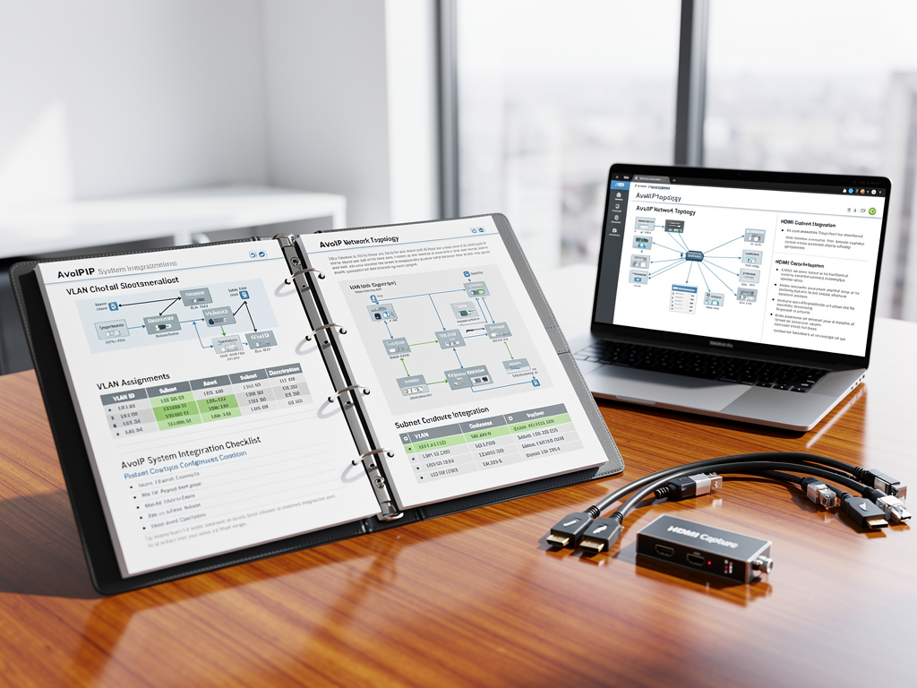 Organized documentation binder open on a desk showing network diagrams, VLAN assignment tables, and configuration checklists, laptop displaying matching digital documentation, professional office environment with natural lighting
