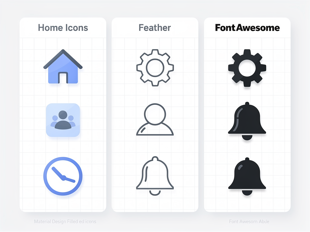Side-by-side comparison of different icon library styles showing the same concepts like home, settings, user, and notification rendered in Material Design, Feather, and Font Awesome styles with annotations highlighting visual differences