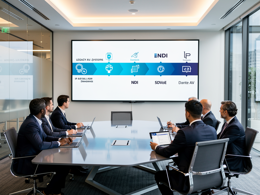 A technology roadmap presentation displayed on a large conference room screen showing the evolution from legacy AV to full IP infrastructure, with timeline markers and milestone achievements, presented to a group of stakeholders in business attire
