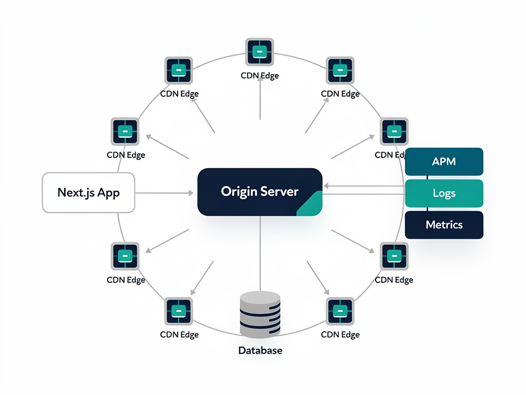 Infrastructure diagram showing Next.js application deployment architecture with CDN edge nodes distributed globally, origin server, database connection, and monitoring service integrations, using clean iconography and connection lines on white background