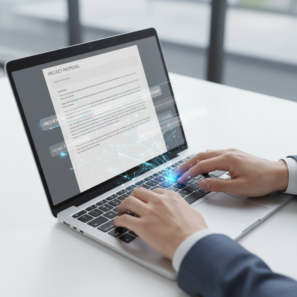 Close-up of a hand typing on a laptop keyboard, with a blurred screen displaying text and subtle glowing lines indicating digital assistance