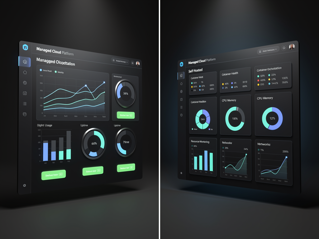 Split-screen comparison showing Vercel deployment dashboard on the left with usage metrics and a self-hosted Coolify dashboard on the right with container status, both displaying healthy application states, modern dark-mode interface design