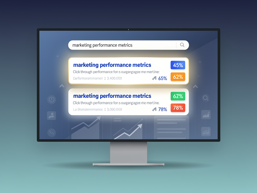 Search engine results page mockup showing three listings with different meta title and description styles, with click-through rate percentages overlaid demonstrating how compelling meta content improves traffic from identical ranking positions
