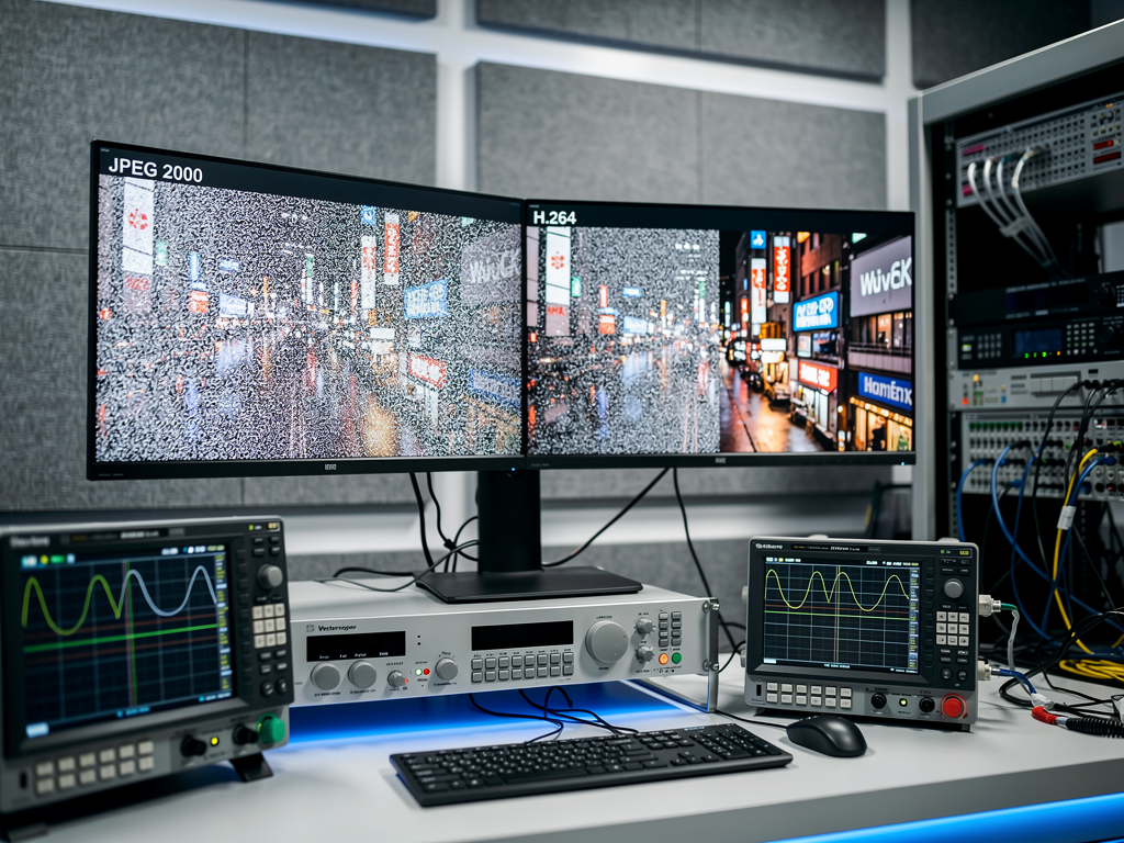 A side-by-side comparison display in a professional AV testing lab showing different codec compression artifacts on identical video content, calibrated monitors, measurement equipment visible, technical environment with acoustic treatment panels, focused lighting on displays