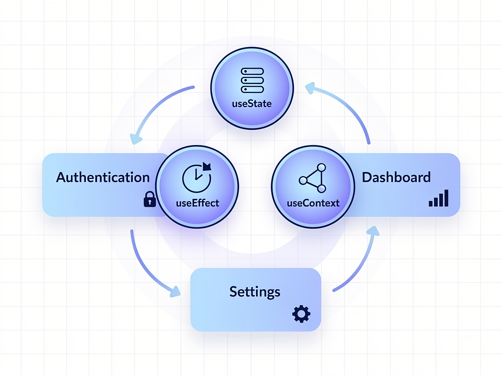 Diagram showing the flow of data through React hooks in a SaaS application, with arrows connecting useState, useEffect, and useContext to various component types including authentication, dashboard, and settings components, rendered in a clean infographic style with blue and purple gradients
