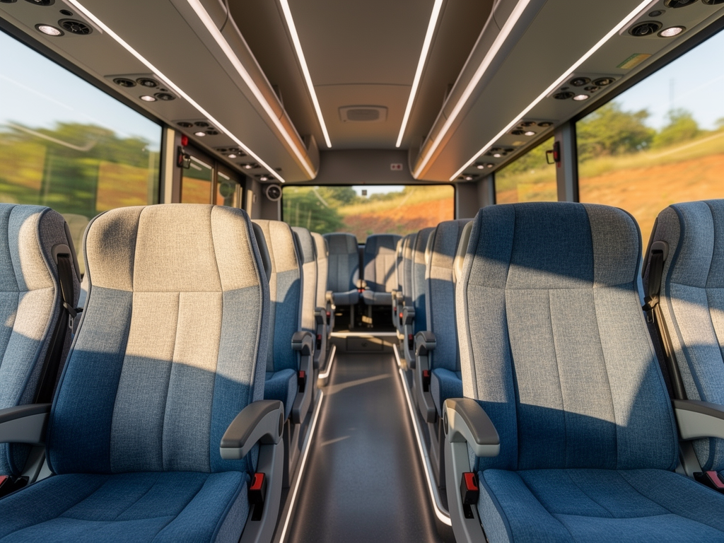 Interior view of a comfortable Volvo bus showing reclining seats with adequate legroom, overhead storage compartments, and air conditioning vents, captured in soft natural lighting