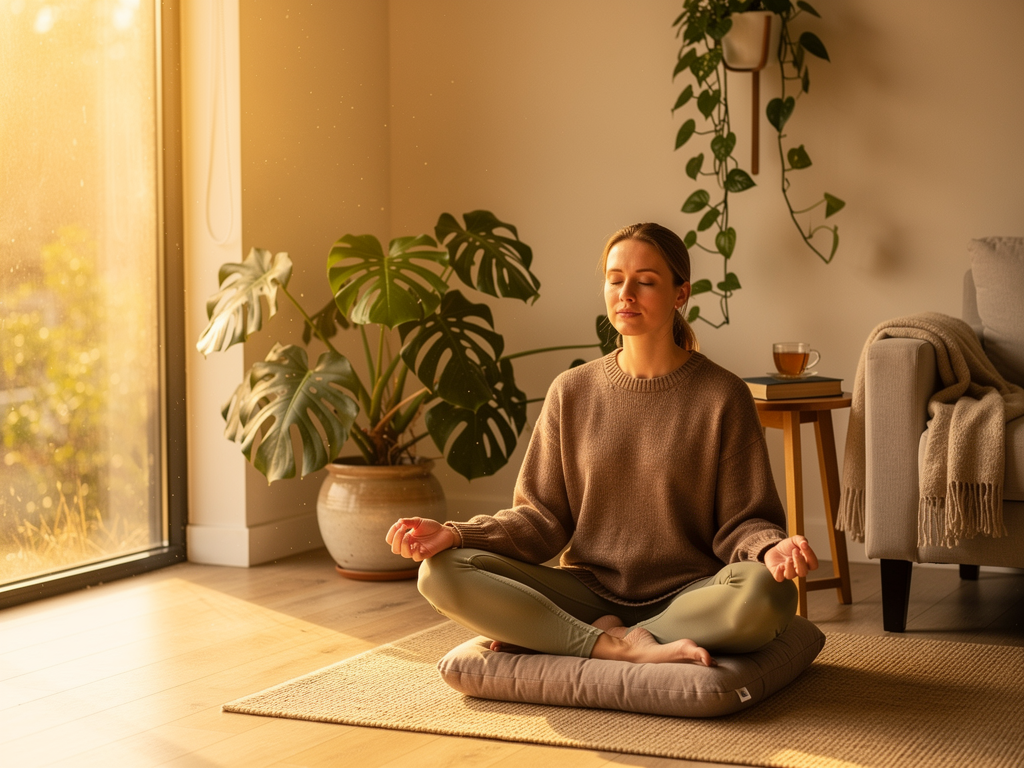 A person practising mindfulness meditation in a peaceful home setting, sitting cross-legged on a cushion near a window with morning light, houseplants visible, creating a serene atmosphere of self-care and personal growth