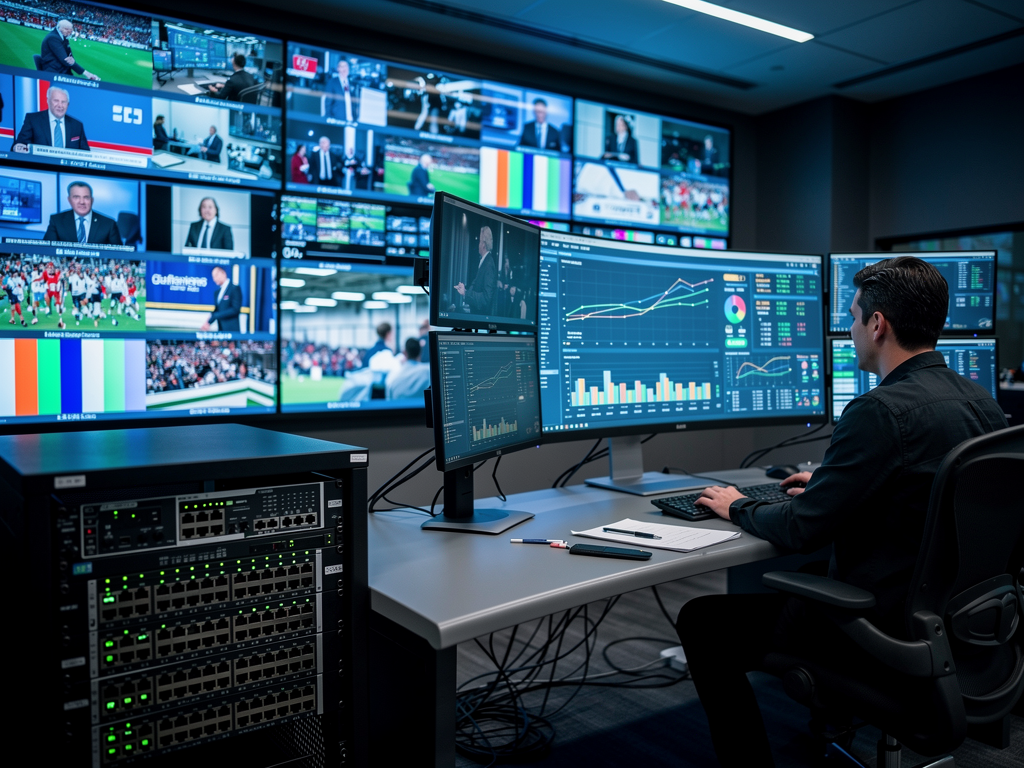 A modern AV control room with multiple displays showing live video feeds, network switches with blinking status lights, and an operator monitoring latency metrics on a dashboard screen in a dimly lit professional environment