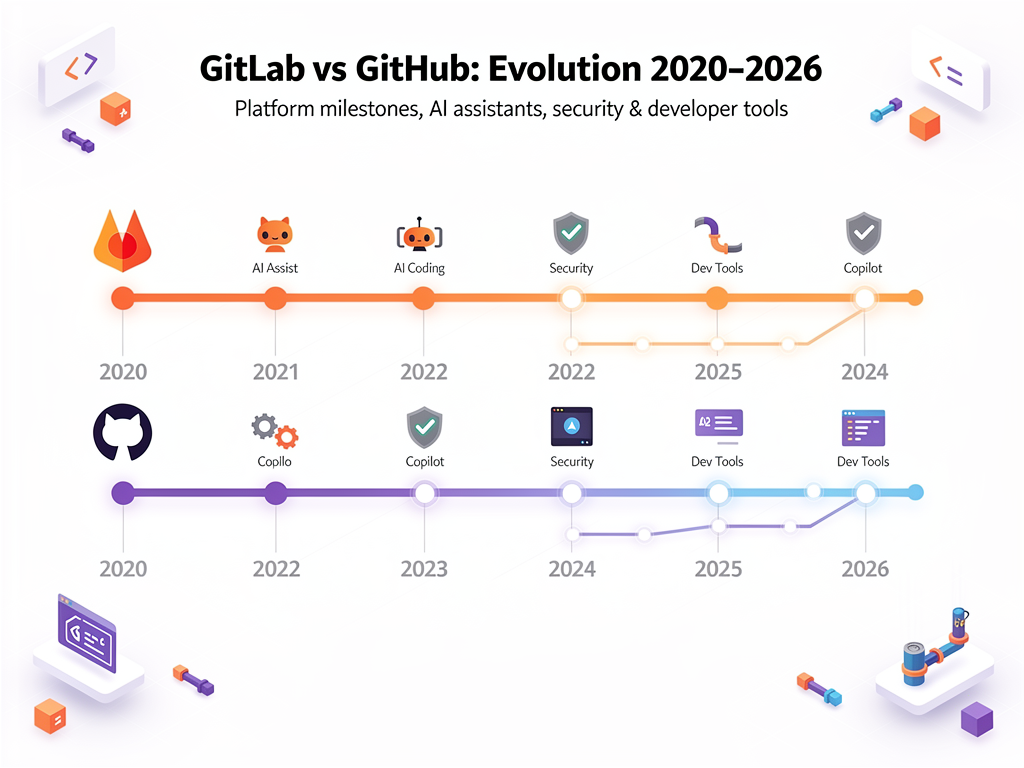Timeline infographic showing the evolution of GitHub and GitLab features from 2020 to 2026, with key milestones like GitHub Copilot launch, GitLab DevSecOps expansion, and AI integration developments marked along parallel timelines