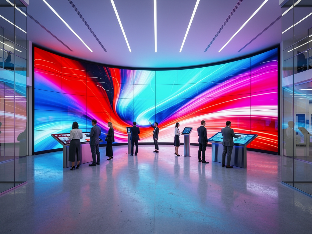 A futuristic video wall installation in a corporate innovation center displaying immersive 8K content with visitors interacting with touch-enabled surfaces, bathed in dynamic ambient lighting