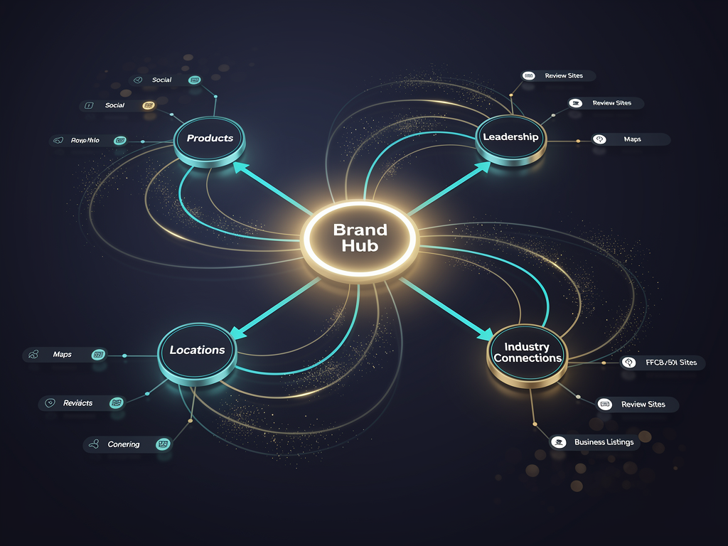 A network visualization diagram showing a central brand node connected to various entity attributes including products, leadership, locations, and industry associations. Secondary nodes show external platforms like Google Business Profile, LinkedIn, and industry directories, all connected with lines indicating consistent information flow. The visualization uses a dark background with glowing connection lines in teal and gold colors, suggesting a sophisticated knowledge graph structure.