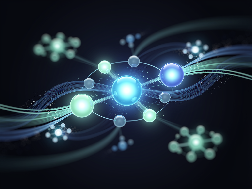 A network visualization diagram showing interconnected website nodes with flowing link connections between them, representing a backlink exchange network, with different node sizes indicating varying domain authority levels, rendered in a professional data visualization style with blue and green color gradients