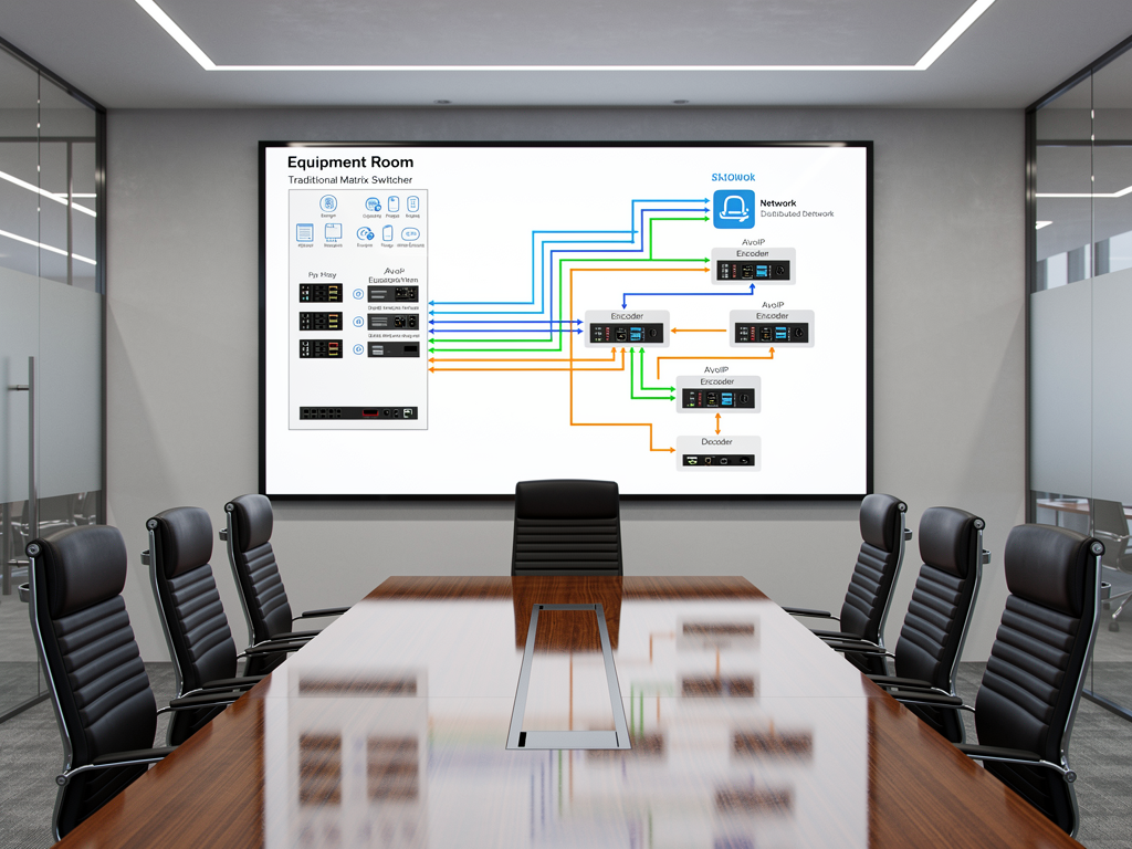 A detailed network diagram displayed on a large wall-mounted monitor in a meeting room, showing the interconnection between traditional matrix switchers and AVoIP endpoints, color-coded signal paths, professional presentation setting with conference table visible
