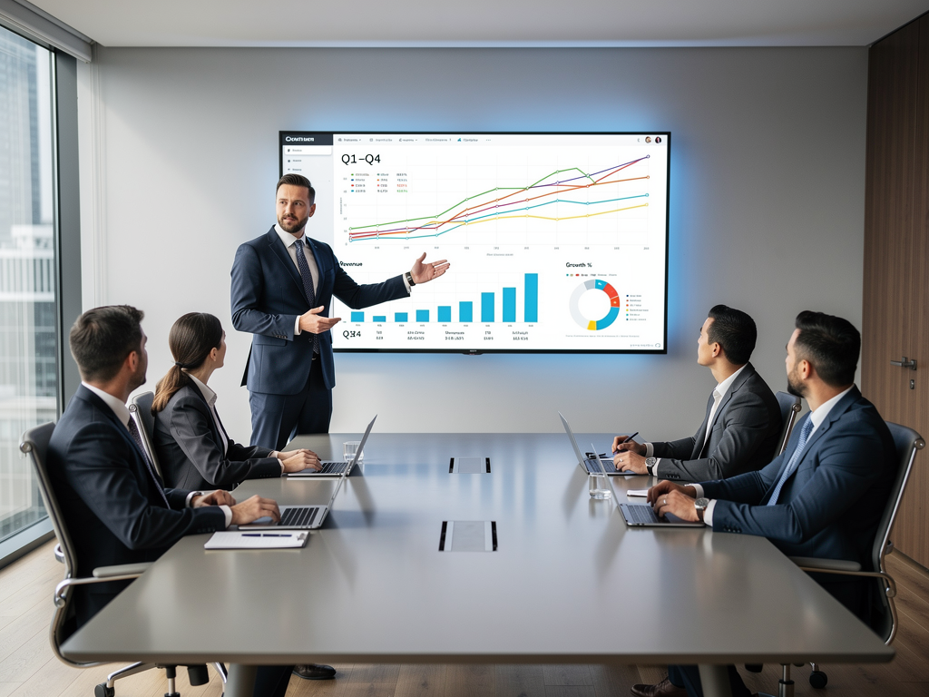 Executive presenter standing at the head of a boardroom table gesturing toward a large 4K display showing a detailed financial chart, colleagues seated around the table viewing the presentation, natural daylight from floor-to-ceiling windows