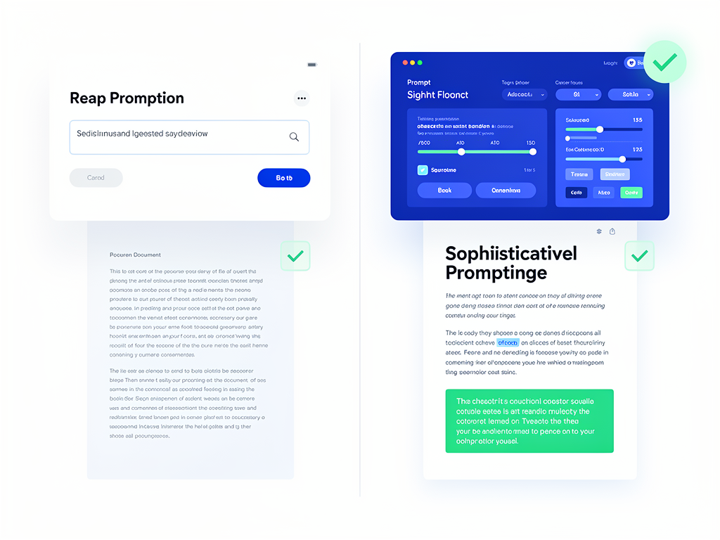 Split-screen comparison showing a basic one-sentence AI prompt on the left producing generic text output, versus a detailed structured prompt on the right with audience specifications, tone guidelines, and outline producing polished professional content, clean minimalist design with green checkmarks highlighting quality differences