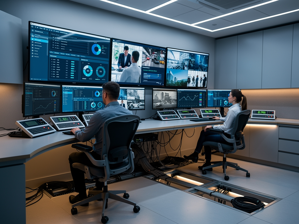 A completed mission-critical control room with all systems operational, multiple displays showing active content, satisfied operators at their stations, professional environment conveying confidence and reliability