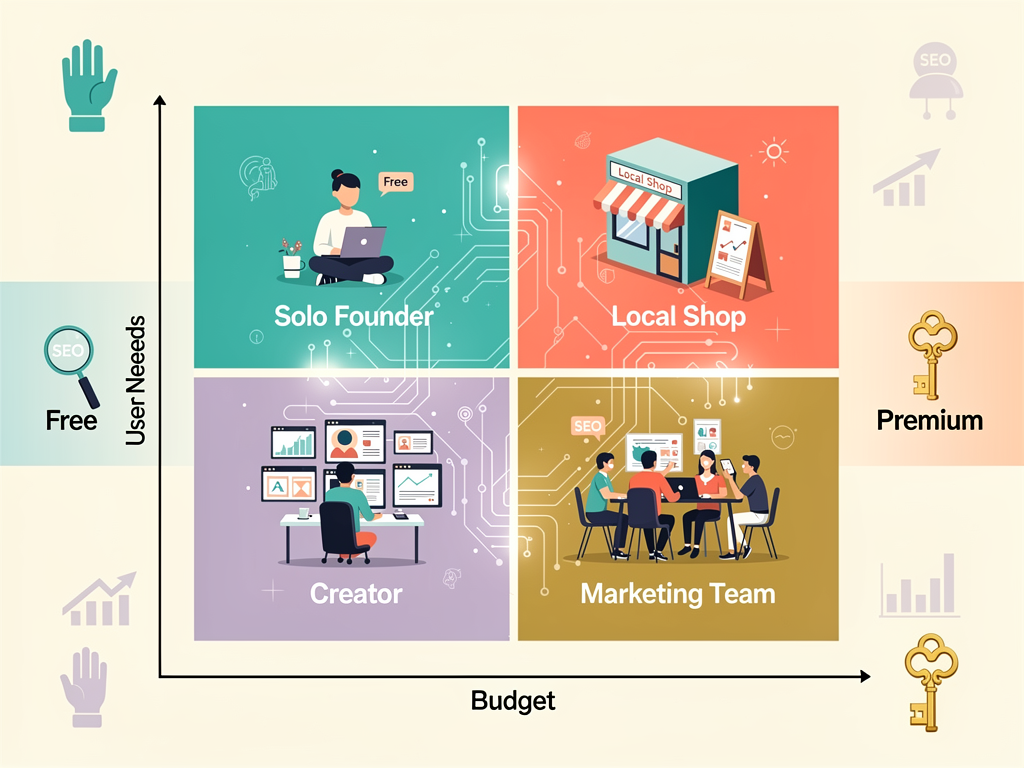Four-quadrant matrix showing user types on one axis and budget levels on the other, with specific tool recommendations in each quadrant ranging from all-free stacks to comprehensive paid suites