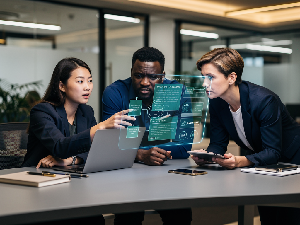 A forward-looking concept image showing a content team collaborating around a holographic display showing content analytics, AI suggestions, and publishing workflows. The scene suggests advanced technology while maintaining human oversight and creative direction, with team members actively discussing and making decisions.