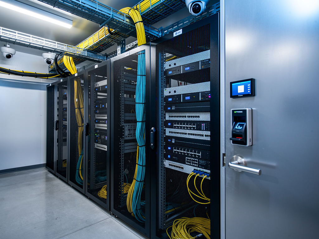 A secure equipment room with locked rack enclosures containing AVoIP equipment, biometric access control panel visible at the entrance, proper cable management with fiber optic runs in protective conduits, and security cameras monitoring the space