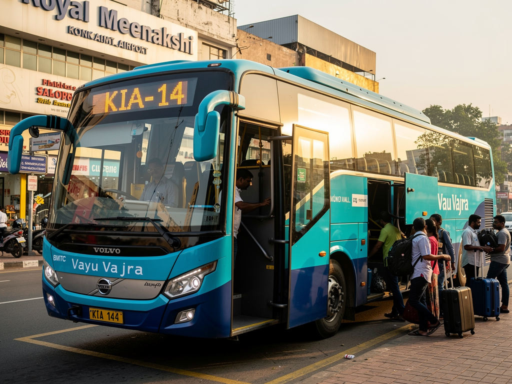 A modern BMTC Vayu Vajra Volvo bus with cyan-blue body and dark blue lower panels parked at Royal Meenakshi Mall bus stop, showing passengers boarding with luggage, morning sunlight illuminating the bus's large tinted windows and LED destination display showing KIA-14