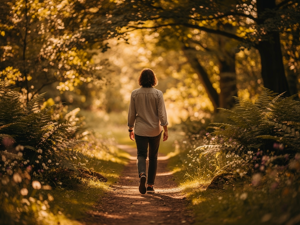 A person walking confidently along a peaceful woodland path in dappled sunlight, representing the journey towards recovery and the building of resilience through consistent practice of coping strategies