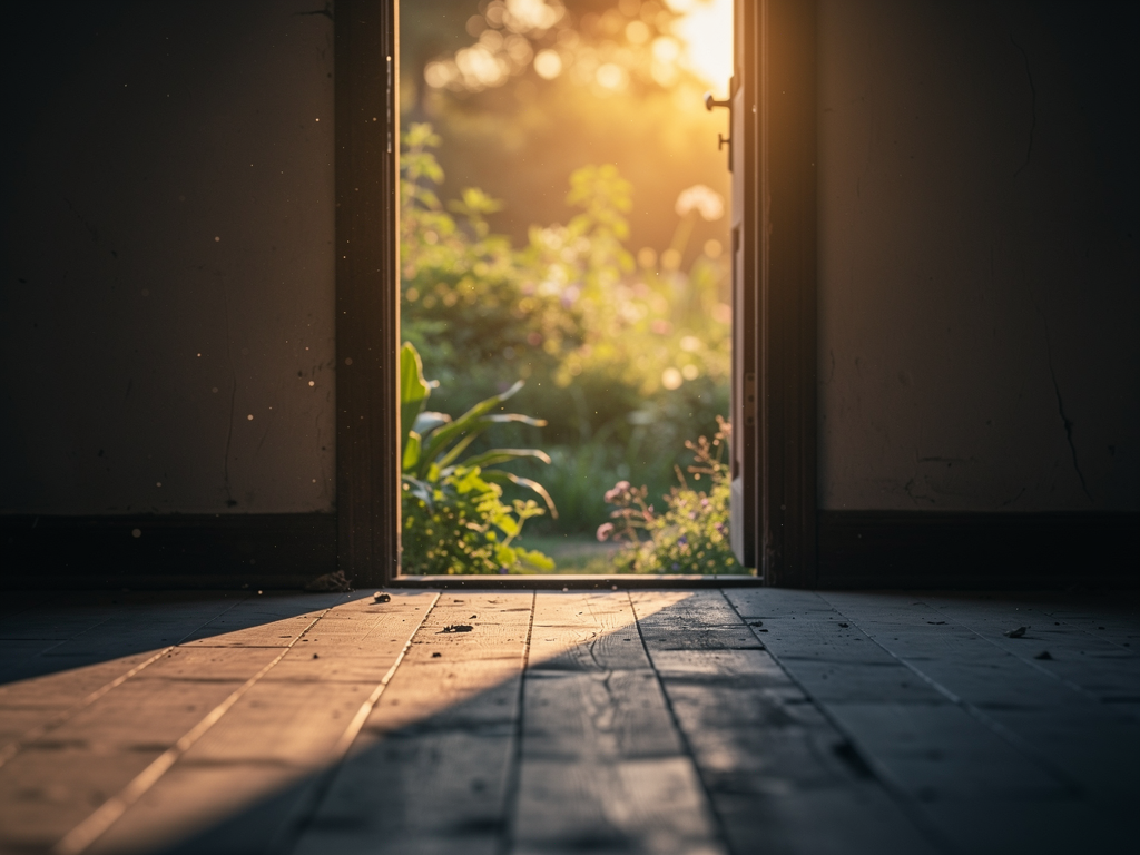 An open doorway leading from a darker room into bright, warm sunlight, with plants visible outside, metaphorically representing the transition from anxiety to hope and recovery