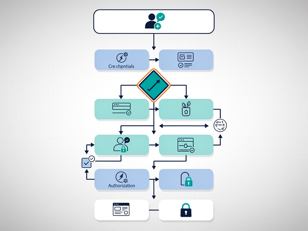 Flowchart diagram illustrating multi-tenant authentication flow with user login, tenant identification, role verification, and session management steps, using professional diagram styling with arrows connecting rectangular process boxes and diamond decision nodes