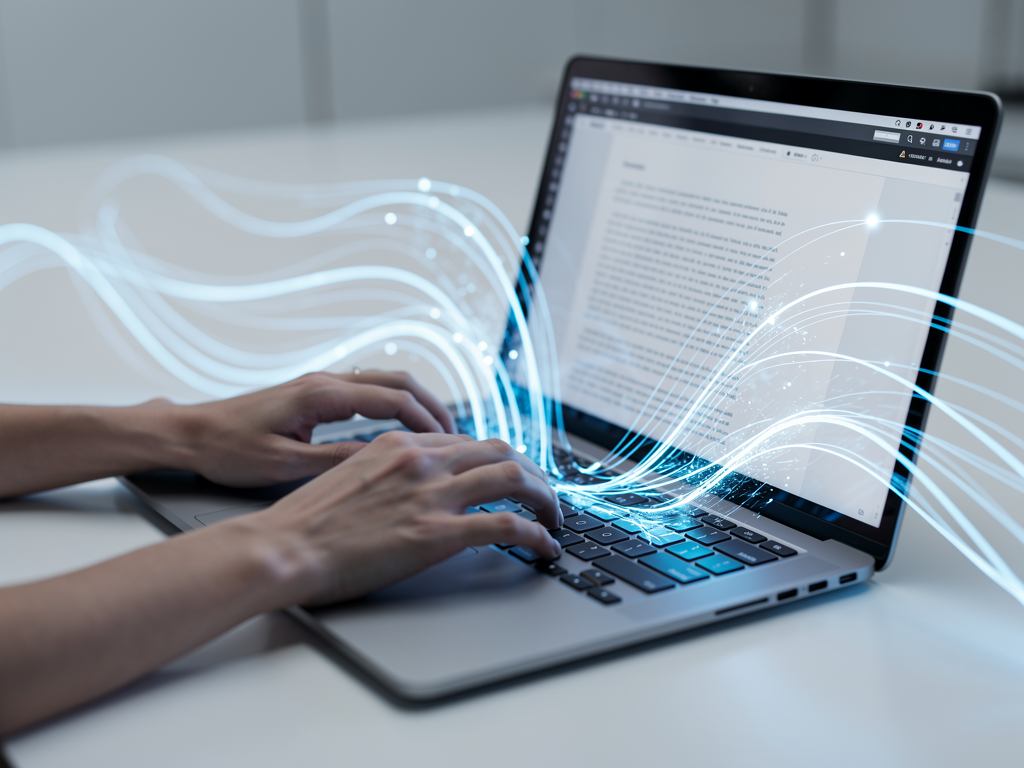 A person's hands typing rapidly on a modern laptop keyboard, with glowing blue lines illustrating the flow of text and ideas across the screen.
