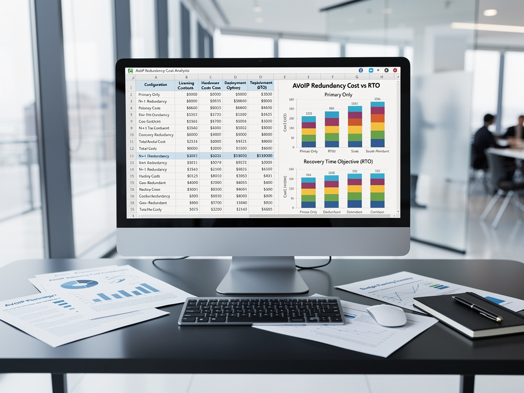 Spreadsheet on computer screen showing cost comparison analysis of redundancy options, bar charts comparing different configuration costs versus recovery time objectives, professional office environment with financial planning documents visible, natural window lighting