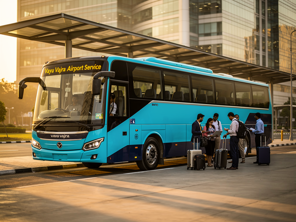 A modern BMTC Vayu Vajra Volvo airport bus in cyan-blue livery waiting at a covered bus shelter in Electronic City, with tech park buildings visible in the background, morning sunlight casting long shadows across the platform, passengers with luggage queuing to board