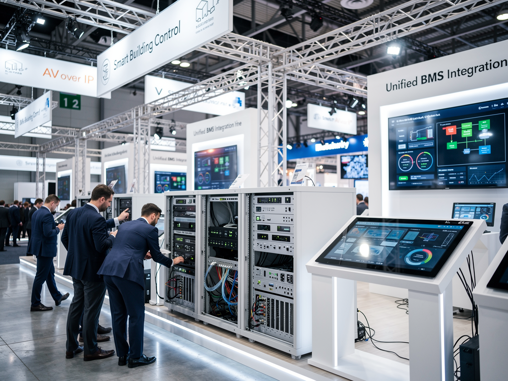 Industry conference exhibition hall with vendors demonstrating interoperable AVoIP and building management solutions, attendees examining equipment displays, bright exhibition lighting and professional trade show atmosphere