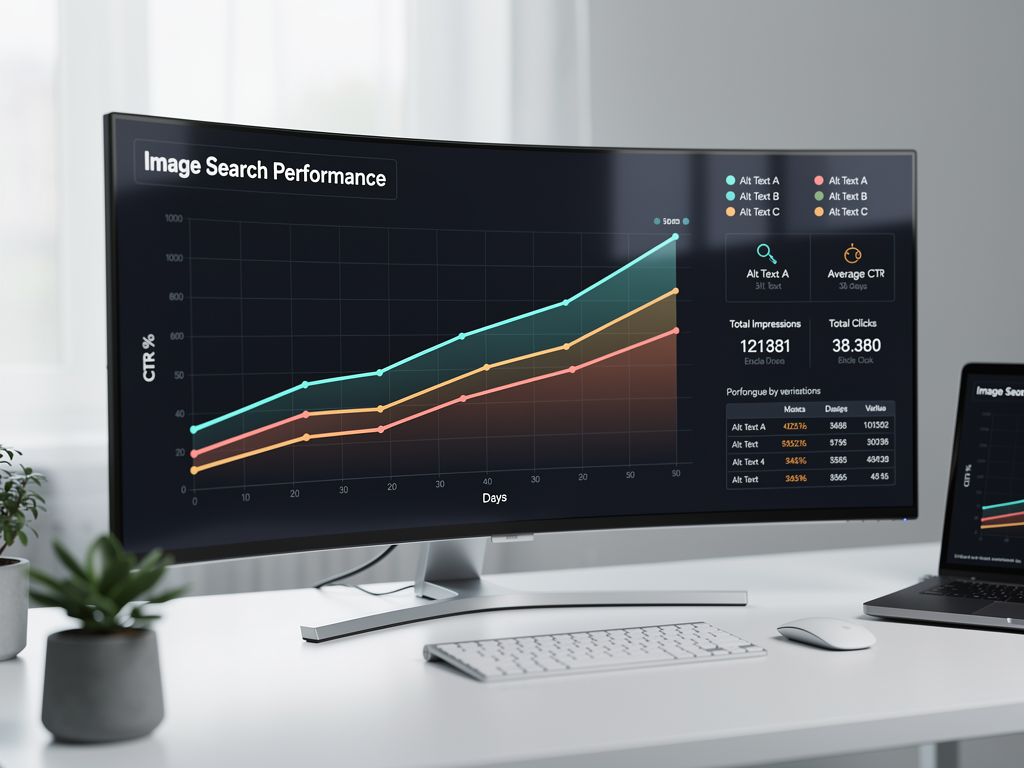 Analytics dashboard displaying image search performance metrics with multiple line graphs comparing click-through rates for different alt text variations over a 30-day period, showing clear performance differences between keyword-focused and benefit-focused description approaches