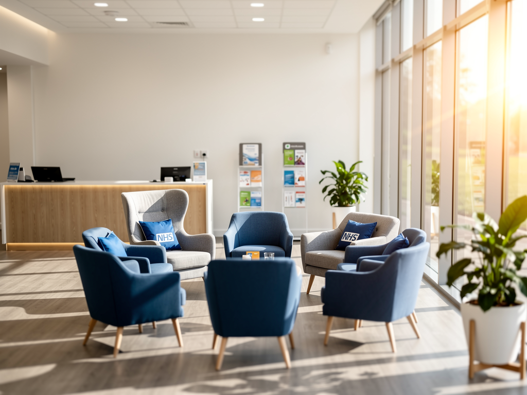 A modern NHS clinic waiting room with comfortable seating, informational posters on walls about mental health services, natural light from large windows, conveying accessibility and professional healthcare